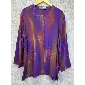Vtg Simply Silk Colorful Floral Hand Dyed Long Sleeve Button Shirt XXL Lagenlook